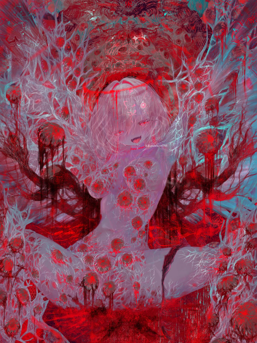 abstract abstract_background absurdres artist_name bleeding blood body_horror branch breasts choker colored_skin female hair_intakes halo highres holes medium_breasts melting_halo nude open_mouth original rainshower0705 red_eyes short_hair tongue white_hair white_skin