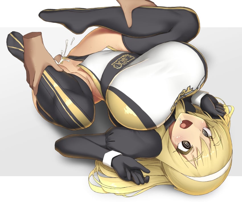 @_@ black_eyes black_gloves blonde_hair breasts clothes_writing clothing_aside cum cum_in_pussy disembodied_hand english_text female gloves hairband headband highleg highres kyono_kiara leg_grab leotard leotard_aside leotard_under_clothes long_hair long_sleeves lying makino_momiji_(artist) medium_hair on_back open_mouth original pubic_hair puffy_sleeves race_queen saliva sex striped_clothes striped_thighhighs thick_eyebrows thick_eyelashes thighhighs vertical-striped_clothes vertical-striped_thighhighs white_hairband white_headband white_wrist_cuffs wrist_cuffs