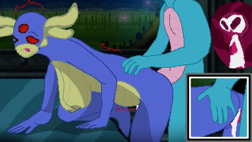 big_breasts blue_skin cum cum_inside female hylotl male red_eyes starbound