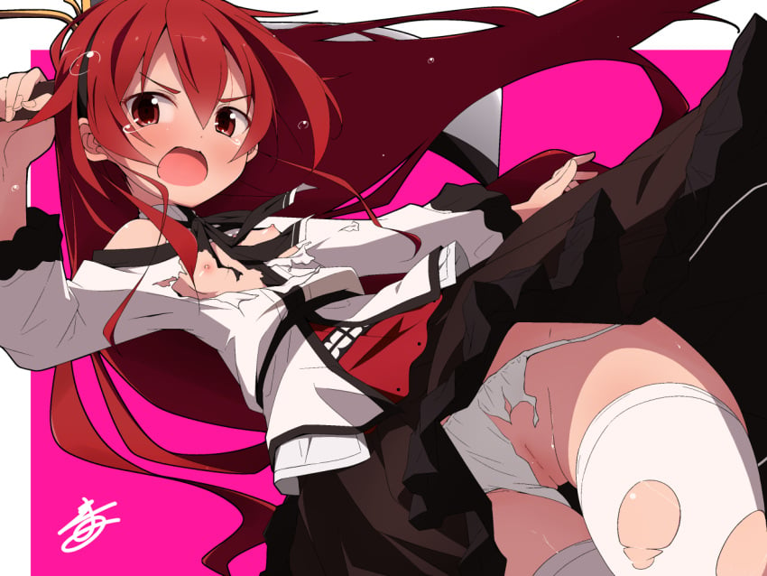 ahoge alternate_legwear bare_shoulders black_hairband blush breasts brown_skirt clothing_cutout eris_greyrat female hair_between_eyes hairband long_hair long_sleeves mushoku_tensei nekokan-nekokan nipples open_mouth panties pink_background pointy_chin pussy red_eyes red_hair shirt shoulder_cutout signature skirt small_breasts solo tearing_up thigh_gap thighhighs torn_clothes torn_shirt torn_thighhighs uncensored underwear white_panties white_thighhighs