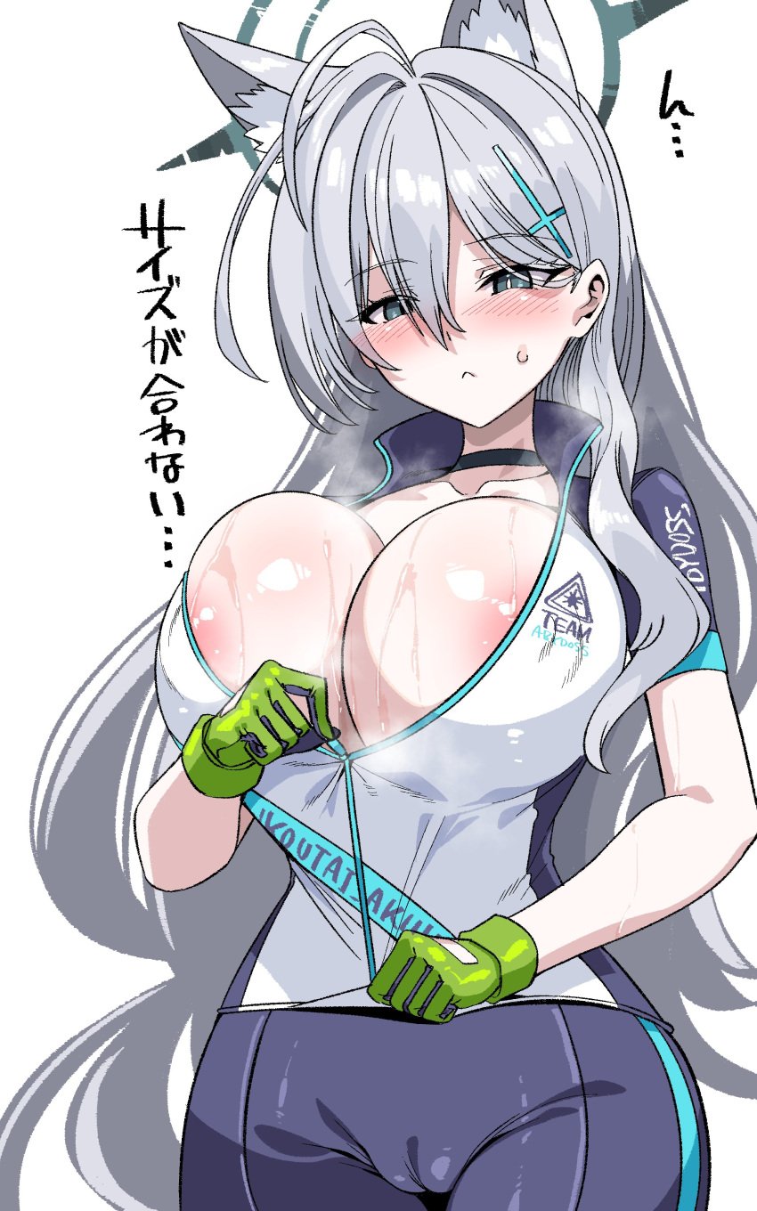 1girls absurdres ahoge animal_ear_fluff animal_ears areola_slip bike_shorts black_choker blue_archive blue_shorts blush breasts bright_pupils cameltoe choker female frown gloves green_gloves grey_eyes grey_hair hair_between_eyes hair_ornament hairclip halo harigane_shinshi highres large_breasts long_hair mismatched_pupils shiroko_(blue_archive) shiroko_(cycling)_(blue_archive) shiroko_terror_(blue_archive) shorts simple_background sweat undersized_clothes very_long_hair wolf_ears zipping