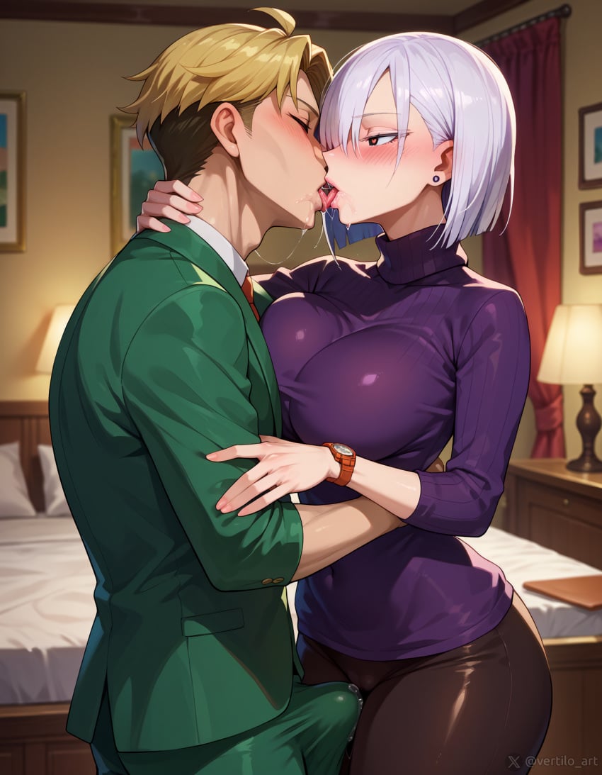 1boy 1girls ai_generated bulge bulge_through_clothing cameltoe fiona_frost french_kiss heart-shaped_pupils hug kissing kissing large_breasts loid_forger spy_x_family vertiloart