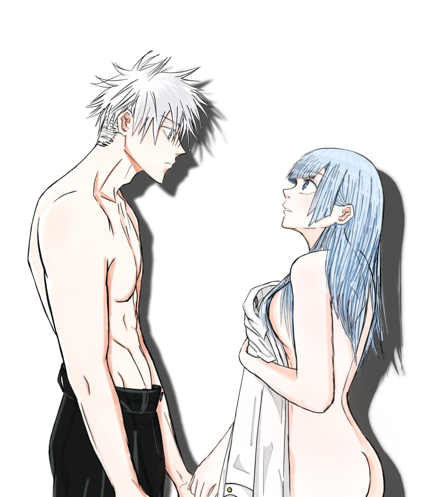 1boy 1girls age_difference blue_eyes blue_hair covering_breasts female holding_hands jujutsu_kaisen kasumi_miwa looking_at_partner male male/female nude nude_female satoru_gojo shirtless shirtless_male straight white_hair younger_female