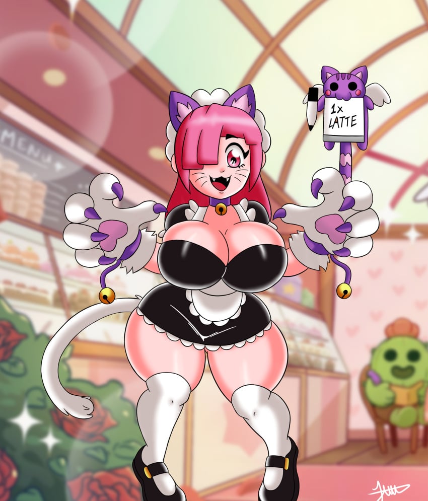 1girls ass big_ass big_breasts boobs brawl_stars breasts cat_ears cat_girl cat_tail coffee colette_(brawl_stars) juuzouthegoat maid pink_hair pinku_pawlette skirt smiling spike_(brawl_stars) thick_hips thick_legs thick_thighs