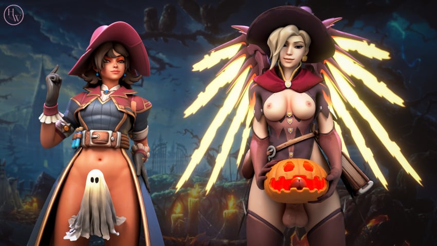 3d futa_only futanari halloween hornywitches3d kiriko_(overwatch) mercy overwatch witch