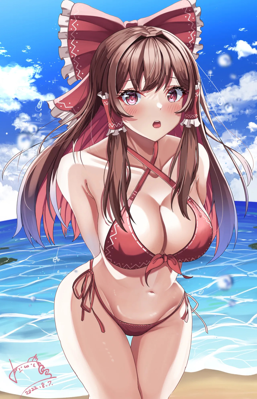 beach blush breasts brown_hair cleavage hossy looking_at_viewer navel open_mouth red_eyes reimu_hakurei touhou