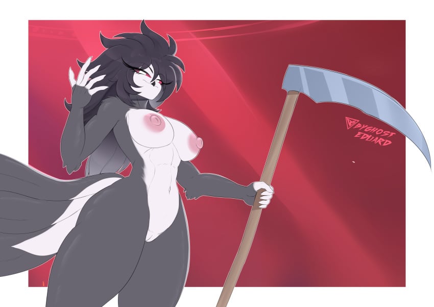 absurd_res anthro avian big_breasts bird black_body black_hair breasts byghosteduard demon female hair helluva_boss hi_res long_hair melee_weapon nipples nude octavia_(helluva_boss) owl owl_demon polearm red_eyes scythe solo tail weapon white_body white_eyes