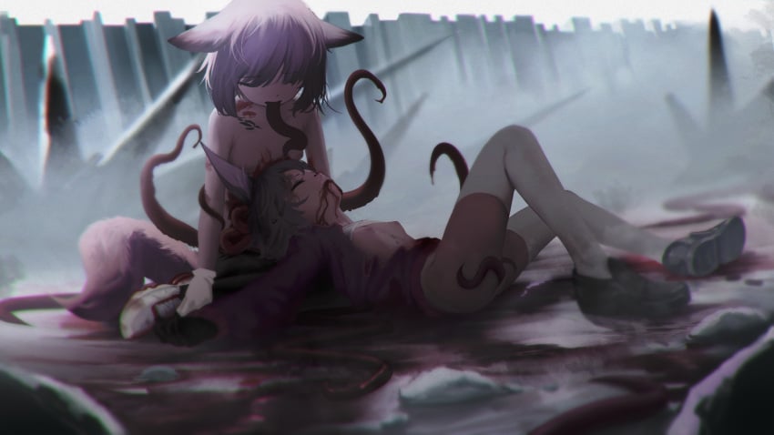 2girls animal_ears arknights blood coughing_blood fox_ears fox_girl fox_tail parasite popukar_(arknights) preamy_kyuushi_(artist) sussurro_(arknights) tentacle topless