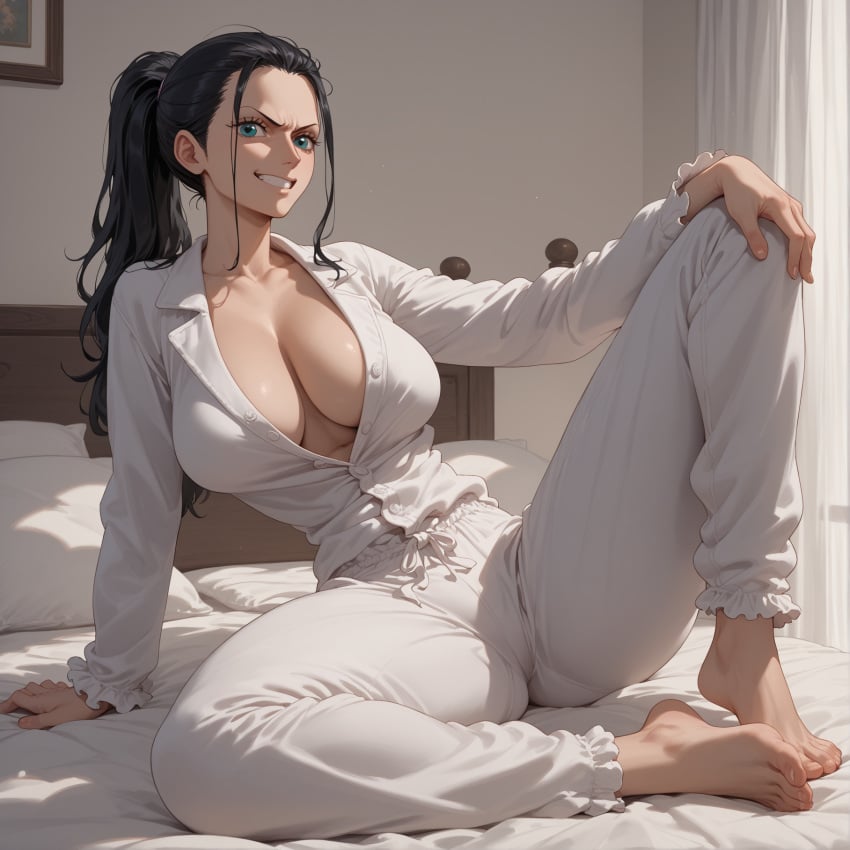 1female 1girls ai_generated angry bed bedroom black_hair blue_eyes boob_window breasts cleavage conniexx feet female female female_focus female_only hi_res high_resolution highres large_breasts large_thighs mommy mother nico_robin one_piece pajamas perfect_body pony_diffusion_xl ponytail sister smile smiling smiling_at_viewer stable_diffusion thick_legs thick_thighs white_pajamas