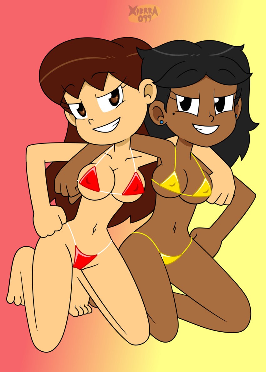 2girls arms_around_neck big_head bikini bikini_girl black_hair breasts brown_eyes brown_hair canon_couple chloe_(xierra099) chocolate_and_vanilla colorful_background crouching crouching_female dark-skinned_female dark_skin female female_focus female_only full_body lesbians light-skinned_female light_skin long_hair looking_at_viewer lovin’sis mole_under_eye red_bikini smile smiling smiling_at_viewer straight_hair string_bikini valerie_(xierra099) xierra099 yellow_bikini yuri