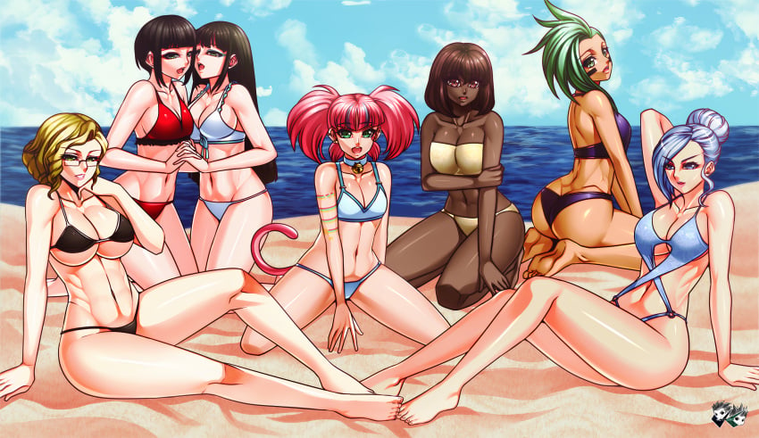 6+girls 7girls amber_(rwby) barefoot beach bikini feet glynda_goodwitch jadenkaiba looking_at_viewer melanie_malachite miltiades_malachite neon_katt reese_chloris rwby winter_schnee