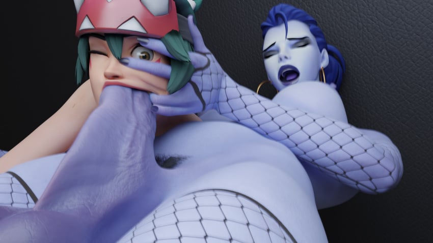 3d 3dcreamyeclair athletic_futanari blowjob blue_body blue_hair blue_skin earrings futa_on_female futanari green_hair kiriko_(overwatch) nyl_widowmaker overwatch overwatch_2 petite widowmaker