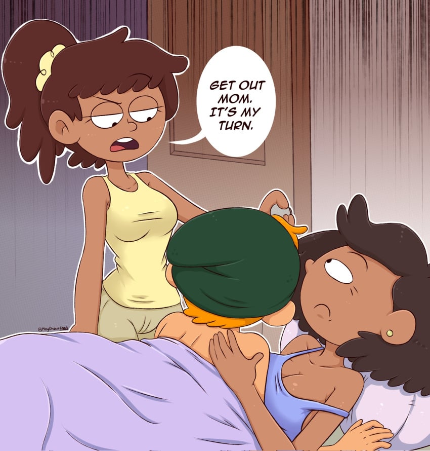 1boy 2girls amphibia amphibia_(finale) anne_boonchuy bed breasts brown_hair cleavage dark-skinned_female dark_skin drawsoyeah female human light-skinned_male light_skin male meme milf mother mother_and_daughter mrs._boonchuy older_female oum_boonchuy speech_bubble sprig_plantar text twig_(amphibia) younger_male