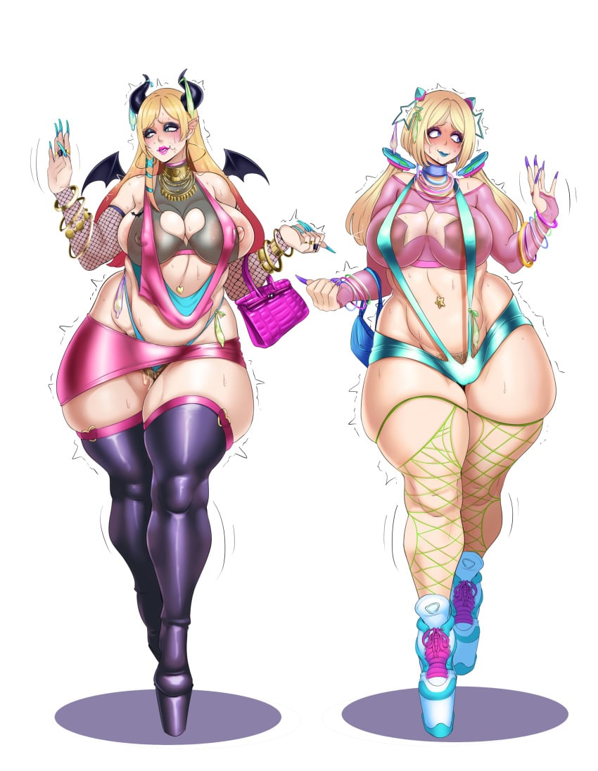 2girls aki_rosenthal female female_only hololive large_breasts prostitution pubic_hair pubic_hair_peek revealing_clothes standing succubus sunnysundown virtual_youtuber voluptuous wide_hips yuzuki_choco