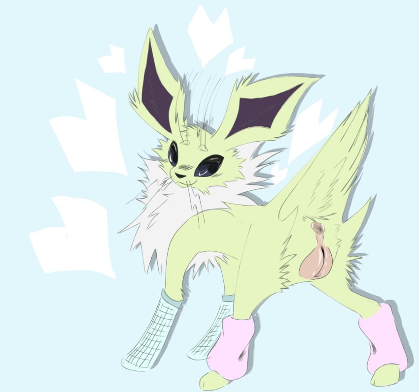 anus arm_warmers armwear clothing eeveelution female feral generation_1_pokemon genitals hi_res jolteon kitt3ngutzz nintendo pokemon pokemon_(species) pussy shiny_pokemon solo