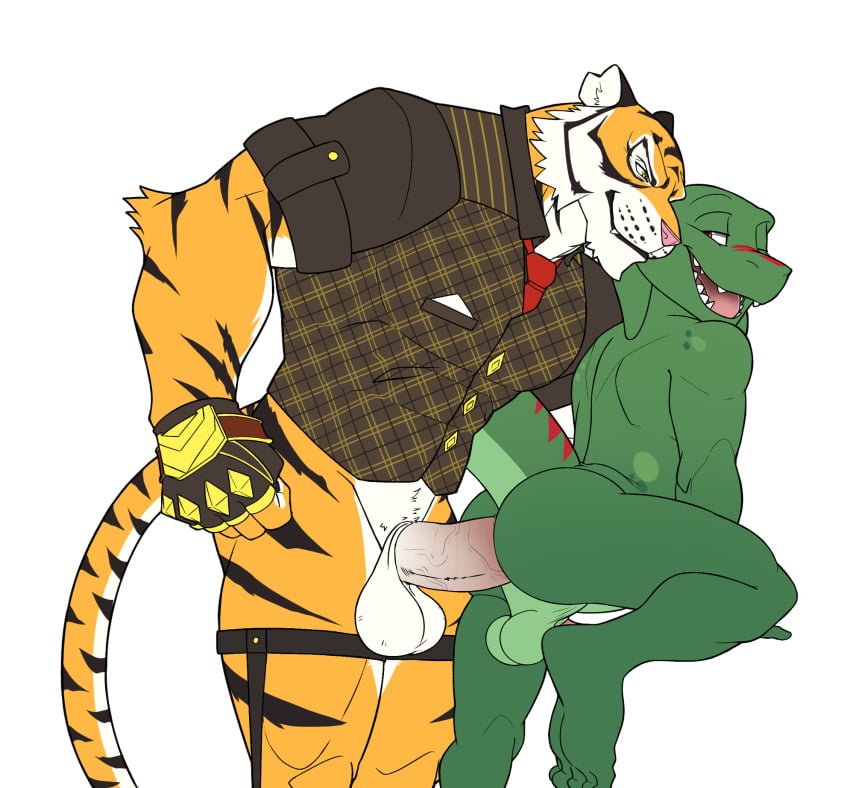 anal anthro balls clothed clothing duo epic_games felid fortnite genitals hi_res lizard looking_back male male/male mammal open_mouth open_smile oscar_(fortnite) pantherine partially_clothed penis raised_tail reptile scalie seyrmo smile tail tiger