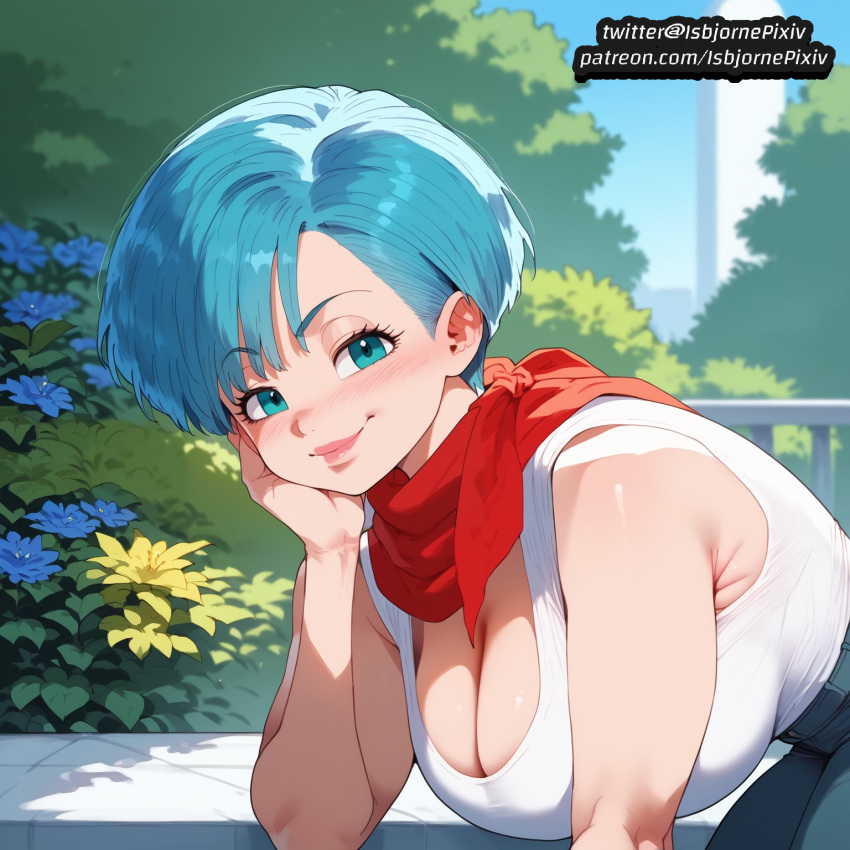 ai_generated bulma_(dragon_ball) bulma_briefs cleavage dark-skinned_male dragon_ball dragon_ball_super dragon_ball_z huge_ass huge_balls huge_breasts huge_cock interracial large_ass large_breasts netorare short_hair thick_thighs