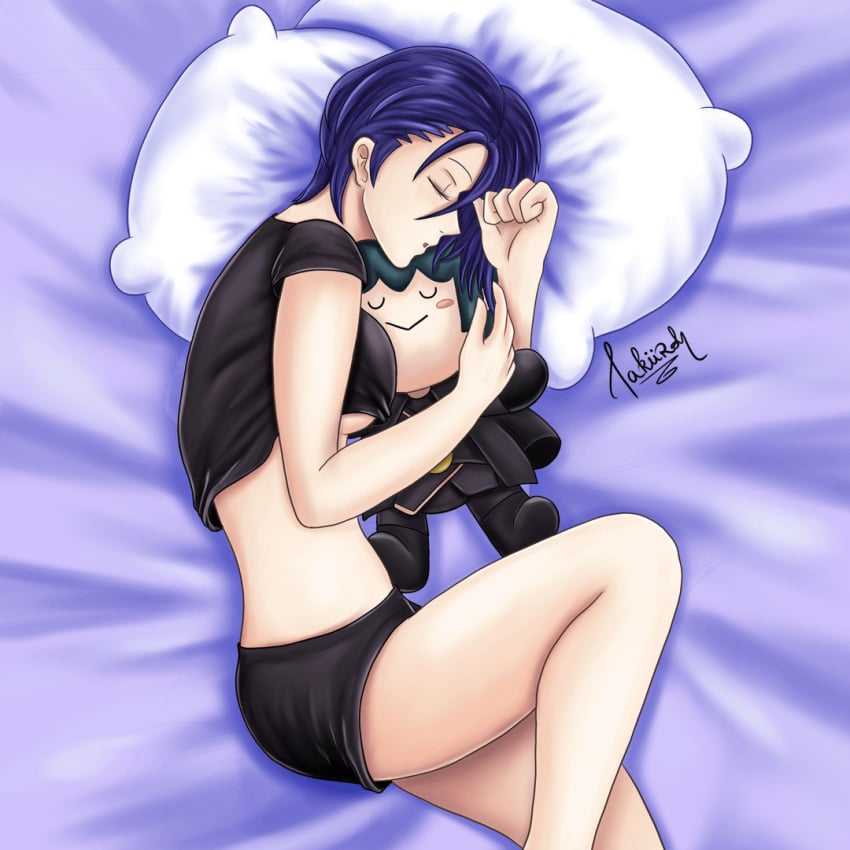 blue_hair boob breast_slip breasts character_doll curled_up cute exposed_breasts fire_emblem fire_emblem:_three_houses hugging hugging_pillow makiiroh medium_breasts nintendo no_bra plushie shamir_nevrand shirt_up short_hair shorts sleeping teddy_bear underboob wardrobe_malfunction