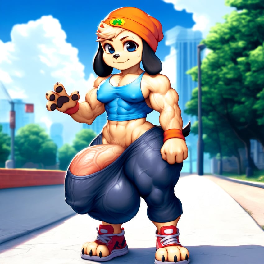 1boy 3_toes 4_fingers abs ai_generated anthro anthro_male anthro_only balls_outline beanie biceps bodybuilder buff bulge calves clawed_fingers clawed_toes cub cute domestic_dog femboy greeting_viewer hyper hyper_balls hyper_bulge hyper_genitalia hyper_penis looking_at_viewer male male_only muscular muscular_anthro muscular_arms muscular_legs muscular_male muscular_thighs nai_diffusion nipple_outline outdoors pants parappa parappa_the_rapper pecs pectoral_bulge public red_shoes small_but_hung solo standing street sweatband tank_top thick_thighs tight_fit veiny_muscles veiny_penis veiny_testicles wide_hips young