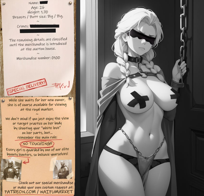 ai_generated anime big_breasts big_breasts blonde_hair blue_eyes bondage bondage bounty_hunters chains collar edited elsa fantasy female fictional frozen hair market naked nude photoshop pussy roleplay slave slavegirl slavery special waifu