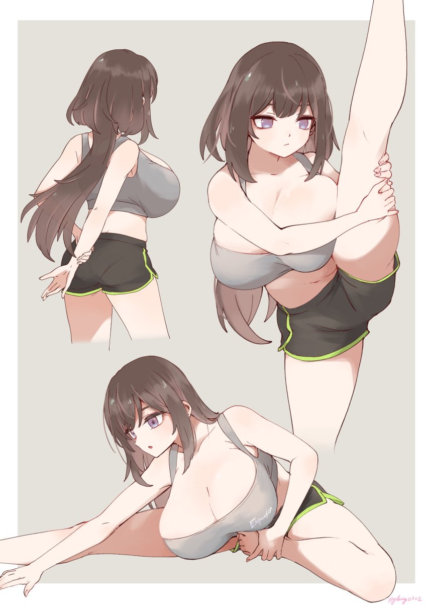 1girls belly_button big_ass breasts brown_hair cleavage crop_top female female_only glassy0302 huge_breasts large_breasts leg_up light-skinned_female light_skin long_hair original ponytail purple_eyes shorts solo sports_bra usum_(glassy0302)