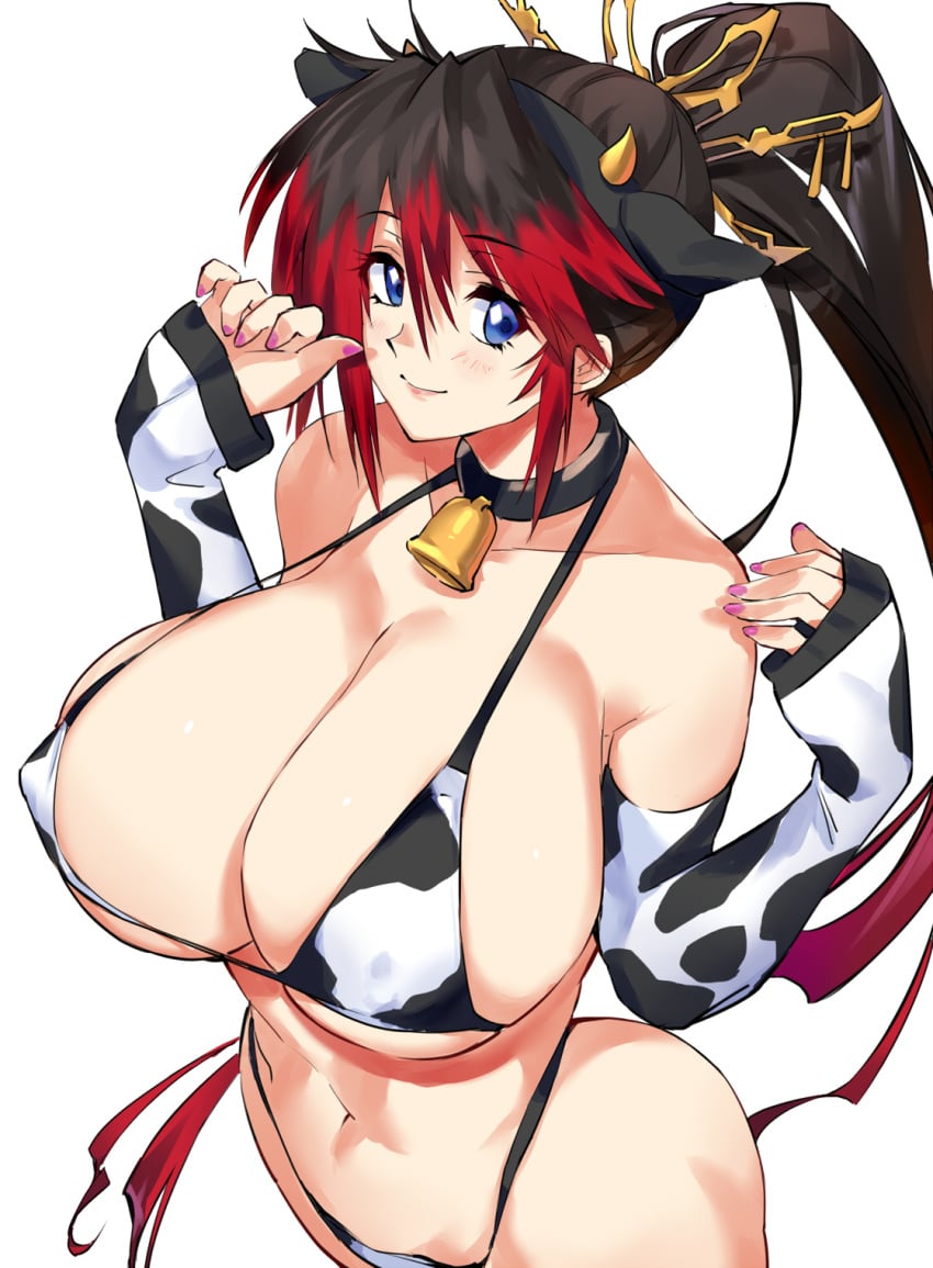 1girls animal_ears animal_print bangs bell bell_choker bikini black_choker black_hair blue_eyes breasts chinese_zodiac choker cleavage covered_nipples cow_ears cow_print detached_sleeves fake_animal_ears from_above hair_between_eyes horns large_breasts long_hair long_ponytail nanbu_kaguya negresco pink_nails ponytail smile solo super_robot_wars super_robot_wars_og_saga_mugen_no_frontier swimsuit tied_hair white_background year_of_the_ox