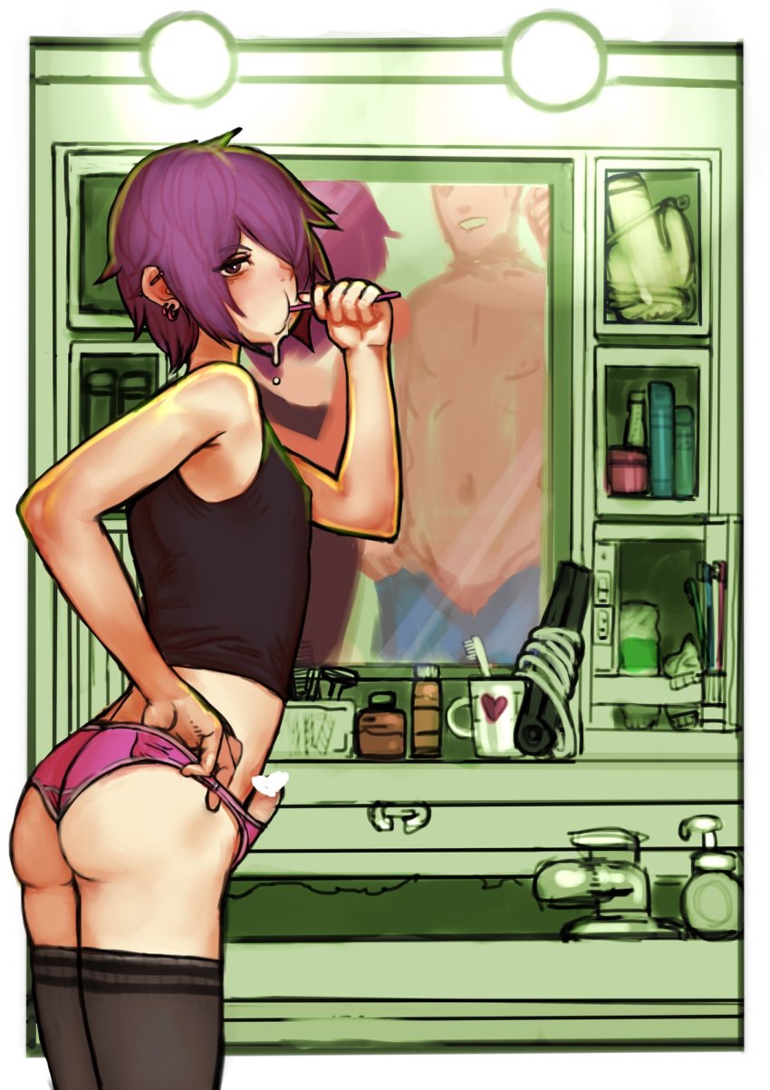 2boys 2n5 ass black_legwear brushing_teeth censored covered_nipples cup ear_piercing erection femboy grin hair_over_one_eye heart heart_censor highres looking_at_viewer male_focus multiple_boys navel original otoko_no_ko panties penis piercing pink_panties purple_eyes purple_hair short_hair smile tank_top thighhighs toothbrush trap underwear