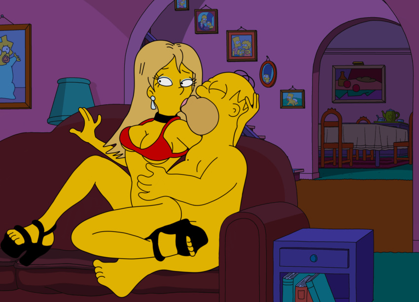 1boy 1girls artist_request feet female high_heels highres homer_simpson kissing makeup sex tabitha_vixx the_simpsons vaginal_penetration