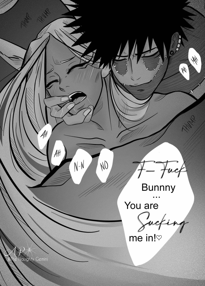 1boy 1boy1girl 1girls bunny_ears bunny_girl closed_eyes dabi drooling english_text eyeliner eyes_closed fingers_in_mouth from_behind_position implied_sex male/female miruko moaning monochrome my_hero_academia offscreen_sex on_stomach open_mouth piercings pleasure_face rumi_usagiyama scars sex straight the_naughty_gemini todoroki_touya touya_todoroki usagiyama_rumi villain white_hair