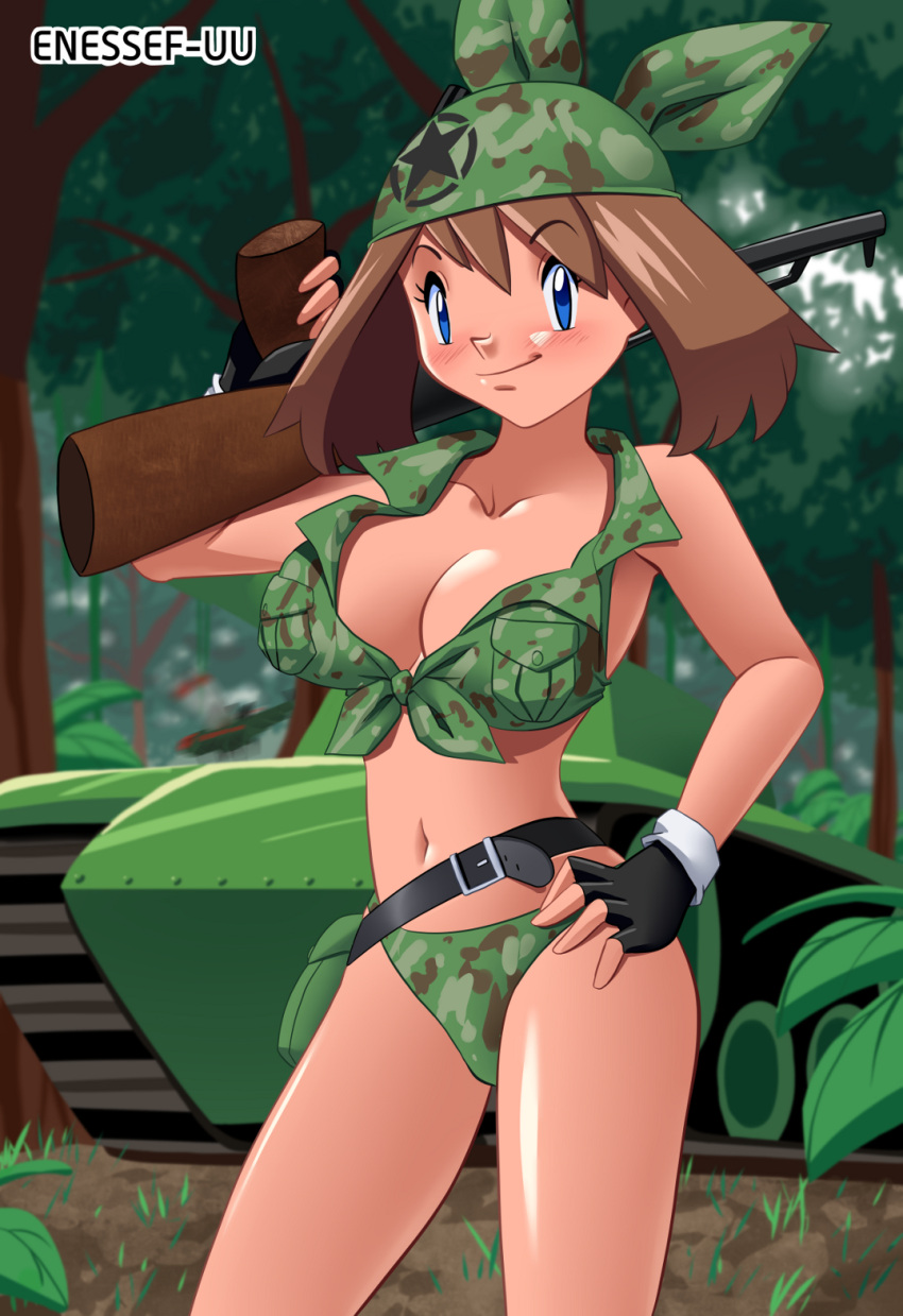 alternate_bandana_color army bandana blush camouflage camouflage_bandana camouflage_headwear cleavage enessef-uu english_text fingerless_gloves forest game_freak gloves grass green_bandana gun hand_on_hip human large_breasts legs looking_at_viewer may_(pokemon) midriff navel nintendo plant pokemon pokemon_(anime) pokemon_rse smile star tank text tied_shirt tree unbuttoned watermark