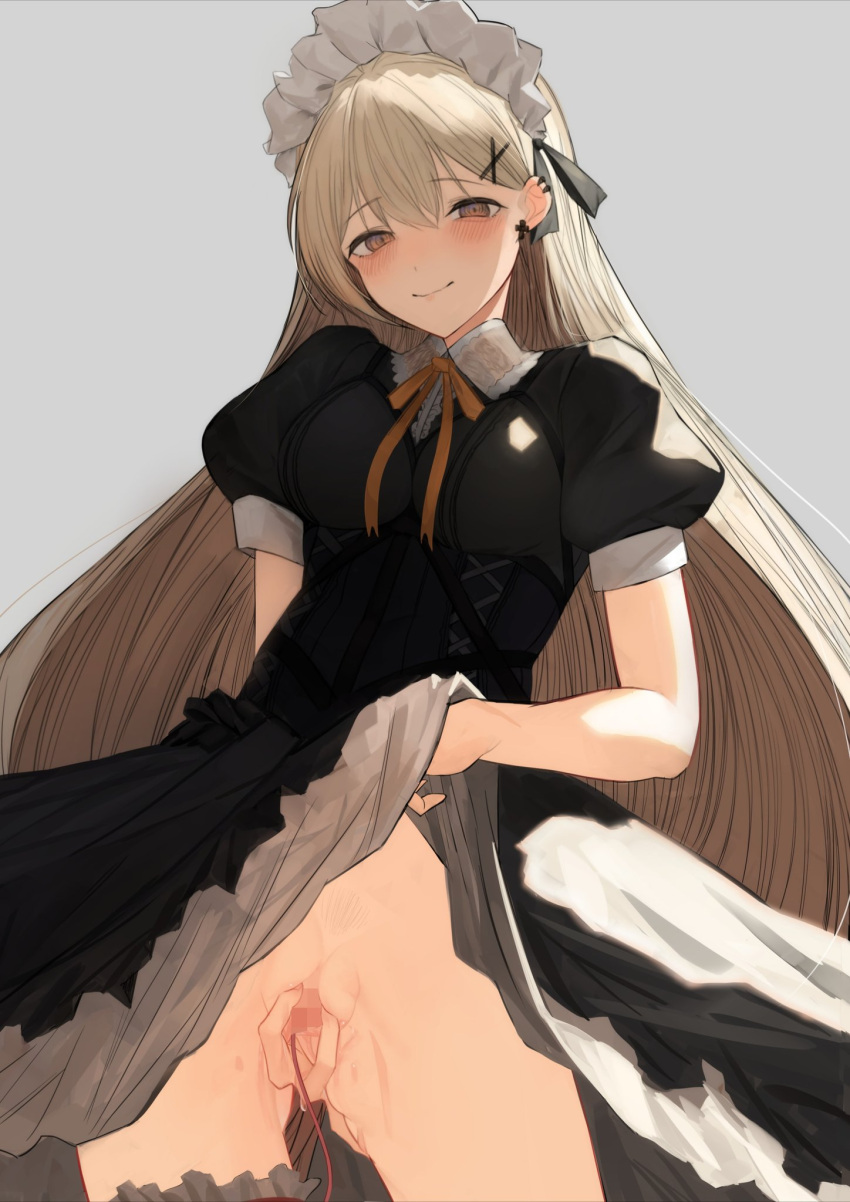 asymmetrical_legwear bangs blonde_hair blush breasts censored clothed_masturbation clothing commentary_request dress dress_lift earrings egg_vibrator female female_pubic_hair frilled_hairband frills girls'_frontline gothic_lolita hairband highres jewelry light_brown_eyes lolita_fashion long_hair maid masturbation medium_breasts no_panties ppk_(girls_frontline) pubic_hair puffy_short_sleeves puffy_sleeves pussy pussy_juice ra_9rara sex_toy short_sleeves skirt skirt_lift smile solo spread_pussy very_long_hair vibrator vibrator_cord vibrator_in_pussy