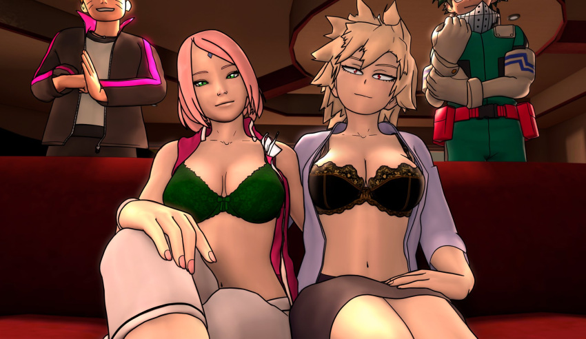 2boys 2girls 3d abs age_difference bare_arms bare_shoulders before_sex black_bra blonde_hair boruto:_naruto_next_generations bra bracelet cheating cheating_wife cleavage clothed clothing couch crossover dress female forehead_jewel forehead_mark foursome fully_clothed gloves green_bra green_eyes grin group height_difference indoors izuku_midoriya jacket lace-trimmed_bra legs legs_crossed legs_together light-skinned_male light_skin lingerie locopo looking_at_viewer male mature mature_female medium_hair milf mitsuki_bakugou multiple_boys multiple_girls my_hero_academia nail_polish naruto naruto_(series) netorare ntr older_female older_woman_and_younger_boy open_clothes open_shirt pale-skinned_female pale_skin pink_hair pink_nail_polish pink_nails pose posing red_eyes sakura_haruno seductive seductive_look seductive_smile short_hair sitting size_difference skirt sleeveless sleeveless_dress sleeveless_shirt small_breasts smile smiling sofa spiky_hair standing straight tight_pants uzumaki_boruto whisker_markings whiskers yellow_hair younger_male