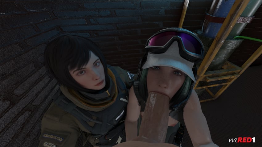 1boy 2girls 3d artist_name assisted_fellatio big_penis blender blowjob blue_eyes chin_length_hair deep_blowjob ela_(rainbow_six) european eye_contact eyewear_on_head female green_hair light-skinned_male male mrred1 mrred112 nude_female oral oral_sex polish pov rainbow_six rainbow_six_siege tagme teamwork tom_clancy zofia_(rainbow_six)