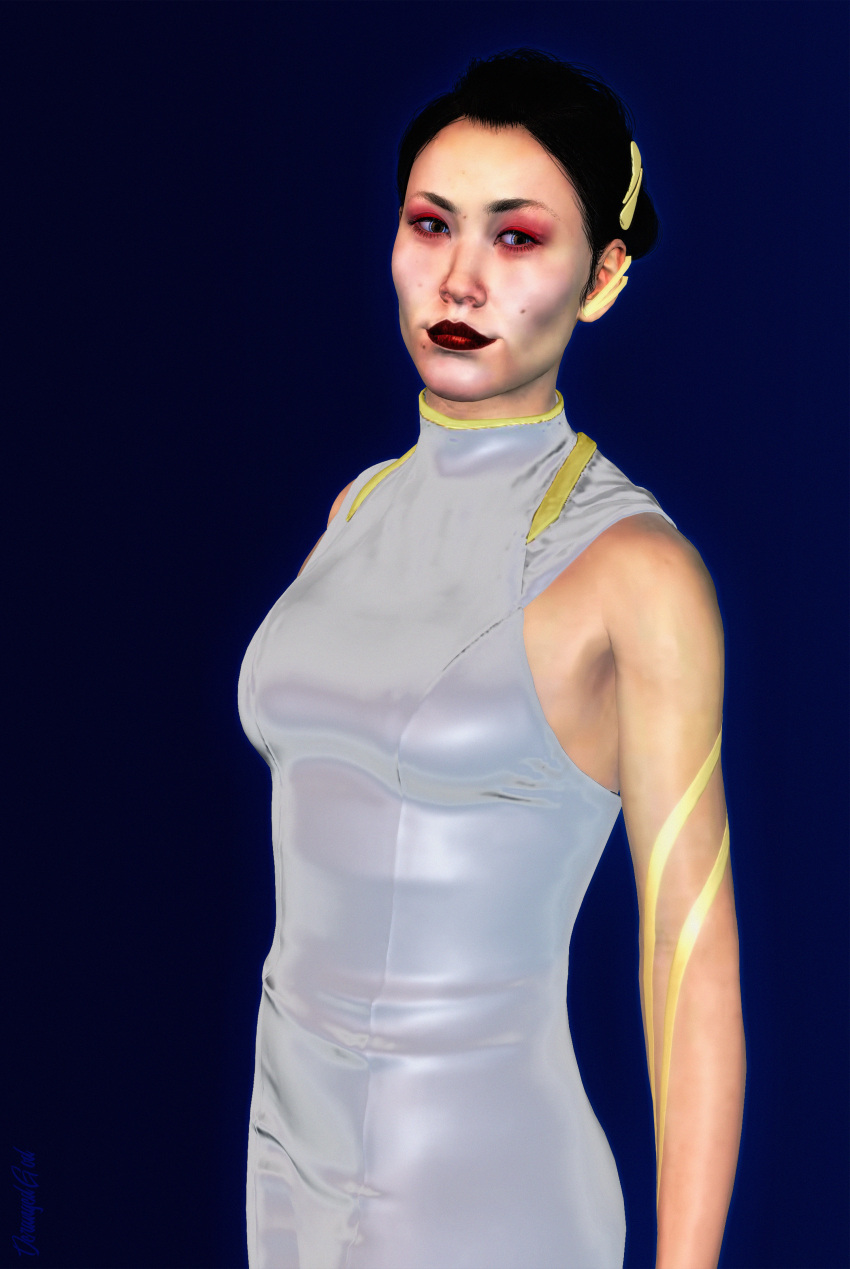 1girls black_eyes black_hair blue_eyes cgi clothed cybernetic_eye cyberpunk_2077 derangedgod eyeshadow female female_only fringe fully_clothed gold_jewelry hairclip hanako_arasaka latex lipstick looking_at_viewer makeup milf pink_eyeshadow solo thick_lips tight_clothing