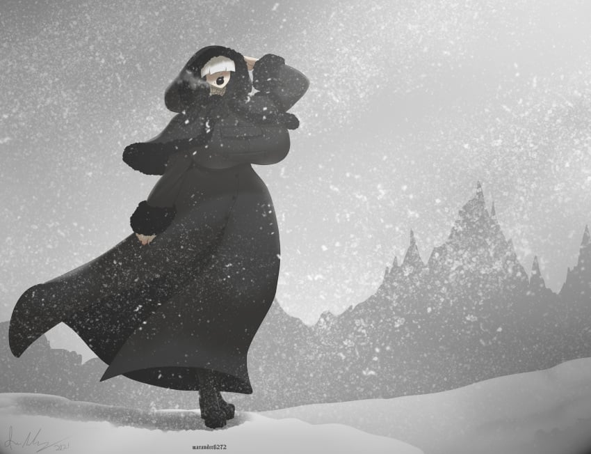 1girls bad_weather black_lipstick breasts cleavage coat female female_only gothmom hair_over_eyes huge_breasts marauder6272 snow solo thick_thighs thighhighs wide_hips winter