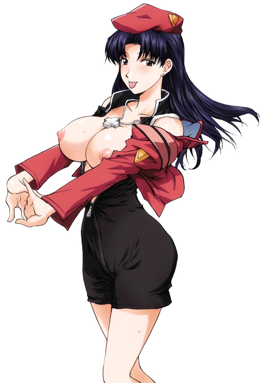 1girls beret black_hair blue_hair blush breasts breasts_out brown_eyes clothes clothing cross curvy female female_only gainax hair hat highres human jewelry konkitto large_breasts light-skinned_female light_skin long_hair misato_katsuragi necklace neon_genesis_evangelion nipples no_bra open_clothes open_shirt purple_hair shirt solo stretch tongue topless uniform unzipped wide_hips