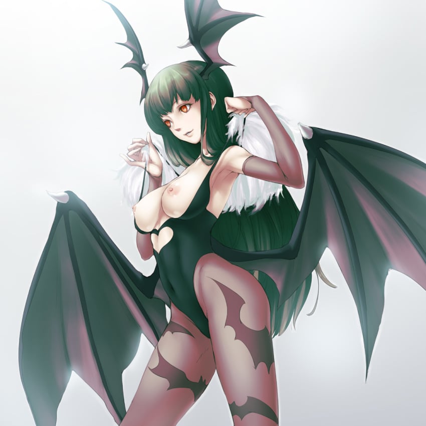 1girls armpits bat_wings black_hair breasts bridal_gauntlets capcom clothing darkstalkers demon_girl f-cla gloves head_wings large_breasts morrigan_aensland navel nipples pantyhose red_eyes small_breasts solo succubus wings