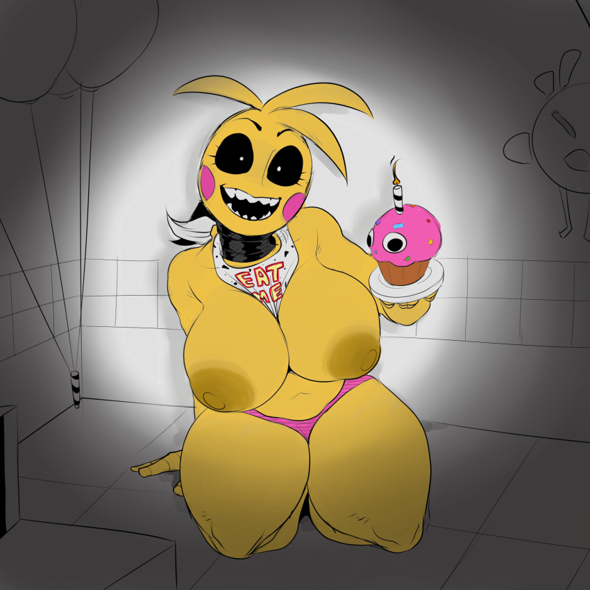 1girls animatronic anthro bib breasts breasts_out cleavage clothing color color_edit colored cupcake cupcake_(fnaf) curvy detnox edit eyelashes female female_only five_nights_at_freddy's grey_background hourglass_figure large_breasts looking_at_viewer mostly_nude no_bra on_knees open_mouth open_smile panties partially_clothed pink_panties rainbow_sprinkles rosy_cheeks sharp_teeth simple_background solo solo_female teeth thick_thighs topless toy_chica_(fnaf) updated voluptuous white_pupils yellow_body