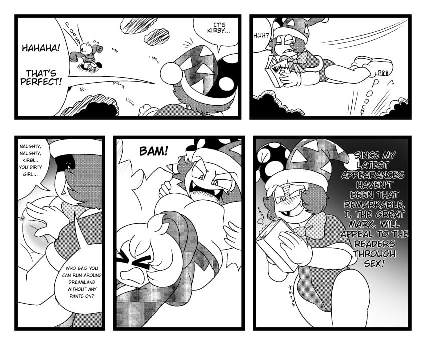 anus ass black_and_white bodily_fluids book bottomless bow_tie breasts bulge clothed clothing comic dialogue duo english_text erection fangs female flying genital_fluids genitals hair hat headgear headwear hi_res humanoid kirby kirby_(series) looking_at_viewer male manga marx monochrome nintendo not_furry open_mouth plump_labia pussy simple_background slightly_chubby smile straight teasing text tongue video_games yoshimister