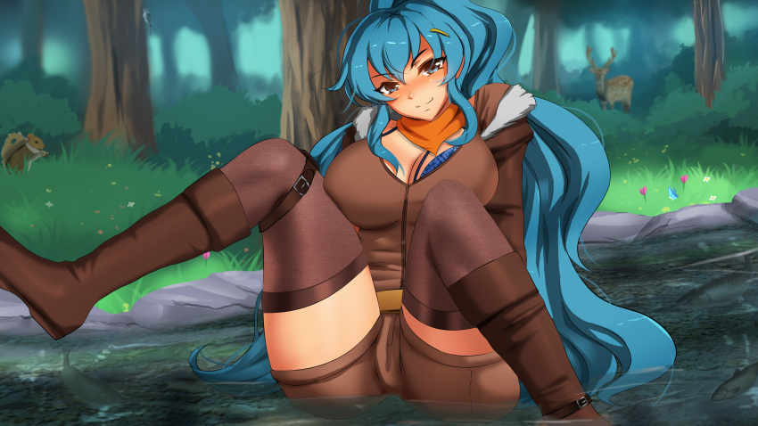 big_breasts blue_eyes blue_hair brown_clothing fully_clothed knightfanghentai smirk spread_legs venomoose(copyright)