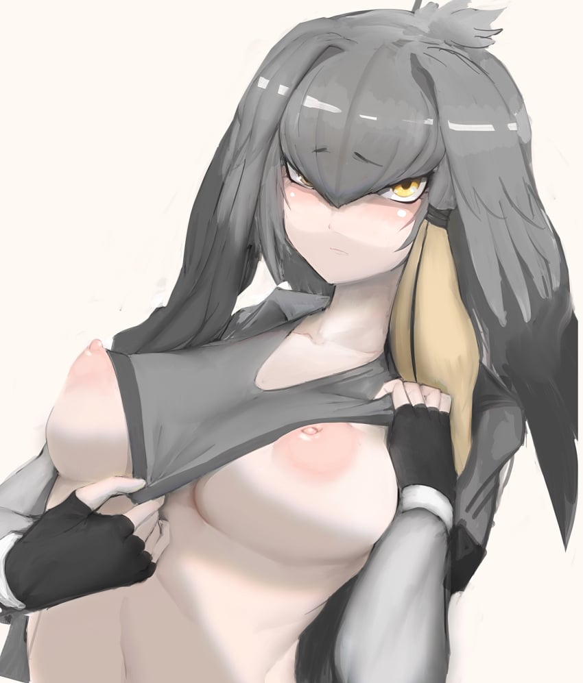 alternate_breast_size bangs black_gloves black_hair breasts closed_mouth collarbone collared_shirt erect_nipples eyebrows_visible_through_hair female fingerless_gloves furrowed_eyebrows gloves grey_hair grey_shirt hair_between_eyes hair_intakes highres inverted_nipples kemono_friends large_breasts lifted_by_self long_hair long_sleeves looking_at_viewer multicolored_hair navel nipples open_clothes open_shirt orange_eyes orange_hair puffy_areola puffy_nipples shibori_kasu shiny shiny_hair shirt shirt_pull shoebill_(kemono_friends) short_over_long_sleeves short_sleeves sidelocks single_inverted_nipple sketch solo sports_bra sports_bra_lift sports_bra_pull stomach upper_body