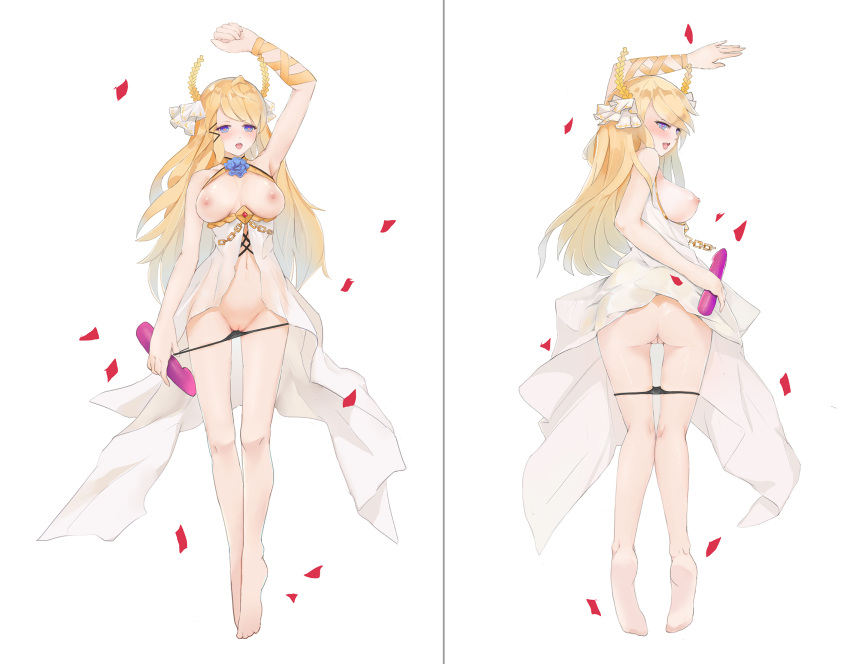 areolae azur_lane blonde_hair blue_eyes breasts dakimakura erect_nipples heart-shaped_pupils nipples no_bra panty_pull victorious_(azur_lane) white_background