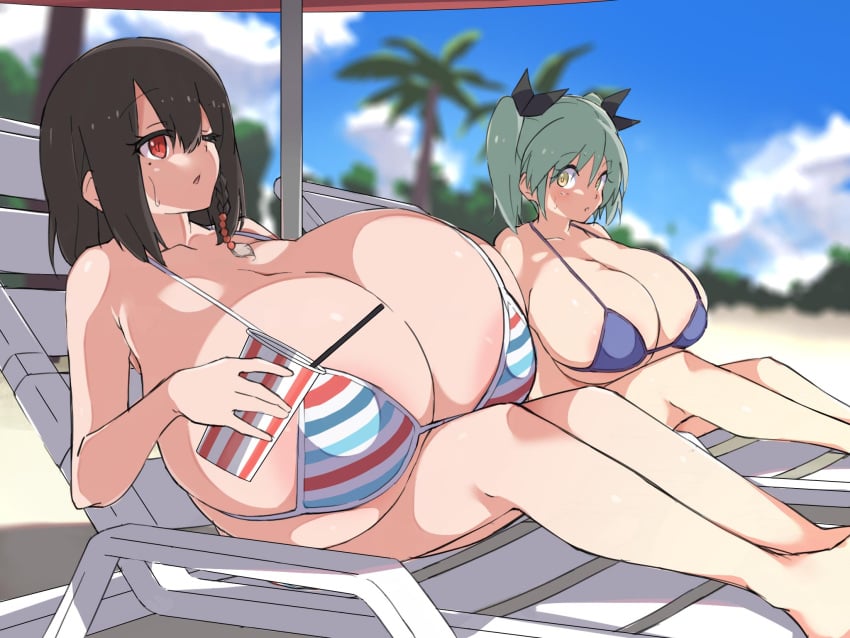 2girls beach big_breasts bikini bikini_top blue_hair bra breasts brown_hair female female_only futaba_(sabonbold) huge_breasts hyper_breasts narita_(naze) original original_character outdoors red_eyes sabonbold small_but_busty top_heavy yellow_eyes