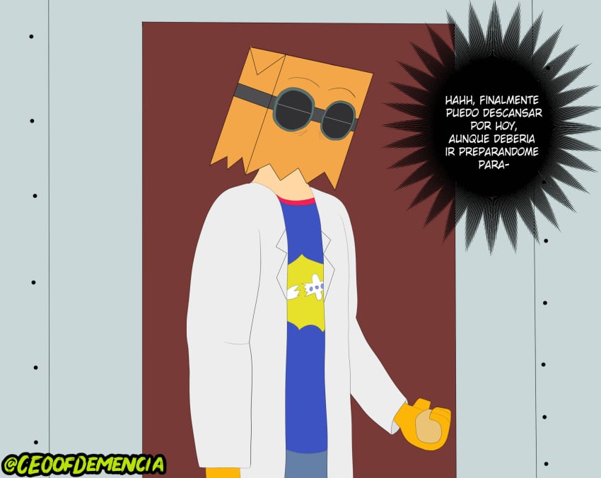 1boy bedroom ceoofdemencia closing_door clothed clueless dialogue dr._flug_(villainous) inminent_sex mini_comic room solo spanish_text thinking tired villain villainous