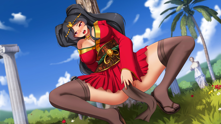 big_breasts black_hair fully_clothed knightfanghentai long_hair looking_at_viewer masturbation solo_female spread_legs venomoose(copyright)