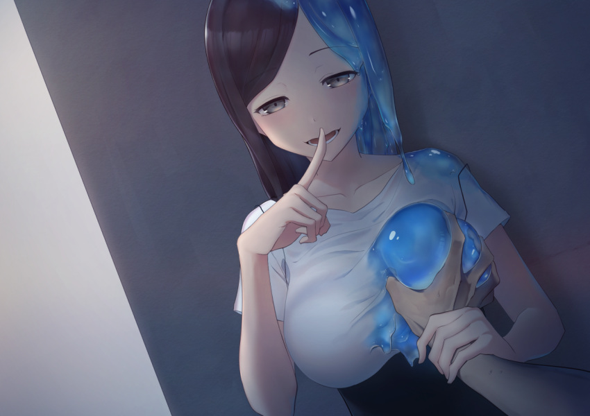 1girls against_wall breast_grab busty clothed daruzenon forced_groping goo_girl groping hekirake large_breasts long_hair looking_at_viewer pov slime_girl transformation wet white_shirt