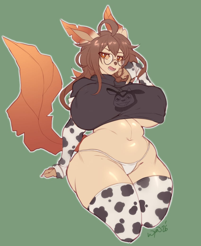1girls 2020s 2026 5_fingers absurd_res accessory anthro anthro_female anthro_only anthrofied arm_down arm_support armwear ass basic_background belly belly_out big_breasts big_butt big_ears big_tail big_thighs black_clothing black_eyelashes black_shirt breasts breasts_bigger_than_head brown_eyebrows brown_hair brown_hands brown_nose brown_tail brunette_female brunette_hair busty butt_bigger_than_head chubby chubby_female clothes clothing cow_print cow_print_armwear cow_print_legwear curly_hair digital_media_(artwork) disgusted_expression disgusted_look ear ears_up facewear facial_expression female female_focus female_only fingers furry furry_female furry_focus furry_only glasses gradient_tail green_background hand_down hands huge_breasts humanoid large_breasts leaf_ears leaf_tail leafeon legwear long_ears long_hair long_tail looking_at_viewer mostly_clothed mostly_clothed_anthro mostly_clothed_female navel nintendo nipple_outline nose open_eyes open_mouth orange_sclera panties pelvis pokemon pokemon_(species) presenting_belly round_breasts round_glasses signature simple_background tail tailwag tan_body tan_breasts tan_butt tan_legs teeth three-quarter_portrait tight_panties tight_topwear tongue topwear two-tone_ears two-tone_tail underboob voluptuous voluptuous_female watermark white_outline white_underwear wyntersun