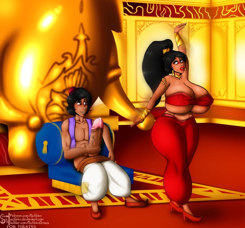 aladdin aladdin_(character) big_penis bimbo canon_couple dancing disney disney_princess enormous_penis erect_penis evil_queen_jasmine high_heels huge_cock hyper_hourglass jafar_harem_outfit jerkingoff princess_jasmine schinkn teasing