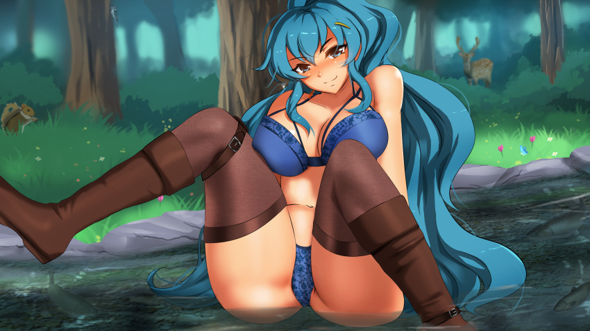 big_breasts blue_bra blue_eyes blue_hair blue_panties boots bra knightfanghentai panties smirk spread_legs underwear venomoose(copyright)