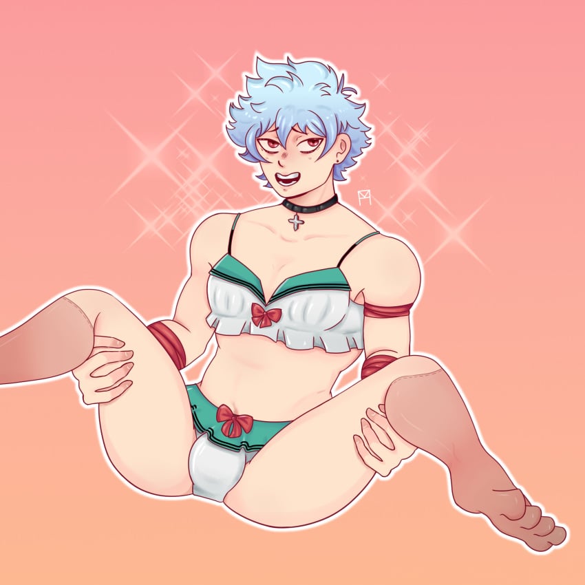 1boy bikini blush clothed femboy kaido_shun kaidou_shun light_blue_hair male male_only panties questionable_anatomy red_eyes saiki_kusuo_no_psi_nan smile socks solo spread_legs yaoi